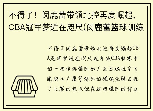 不得了！闵鹿蕾带领北控再度崛起，CBA冠军梦近在咫尺(闵鹿蕾篮球训练营精英队)