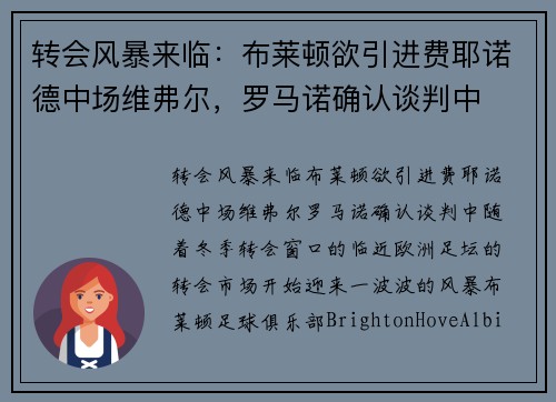 转会风暴来临：布莱顿欲引进费耶诺德中场维弗尔，罗马诺确认谈判中