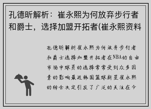 孔德昕解析：崔永熙为何放弃步行者和爵士，选择加盟开拓者(崔永熙资料)