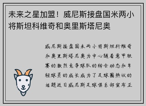 未来之星加盟！威尼斯接盘国米两小将斯坦科维奇和奥里斯塔尼奥