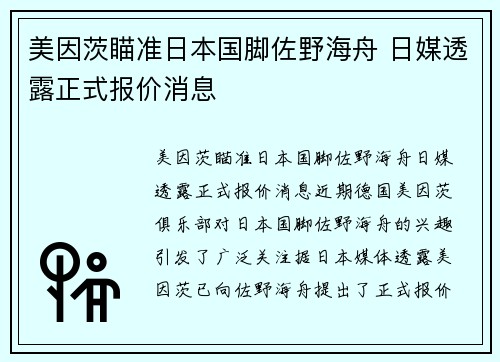 美因茨瞄准日本国脚佐野海舟 日媒透露正式报价消息