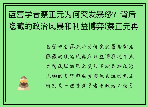 蓝营学者蔡正元为何突发暴怒？背后隐藏的政治风暴和利益博弈(蔡正元再婚)
