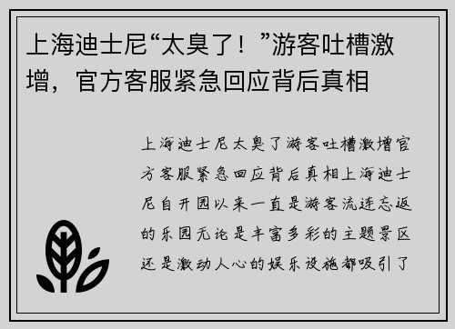 上海迪士尼“太臭了！”游客吐槽激增，官方客服紧急回应背后真相