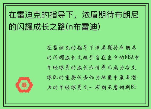 在雷迪克的指导下，浓眉期待布朗尼的闪耀成长之路(n布雷迪)