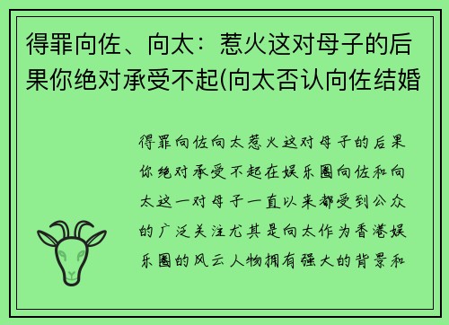 得罪向佐、向太：惹火这对母子的后果你绝对承受不起(向太否认向佐结婚)
