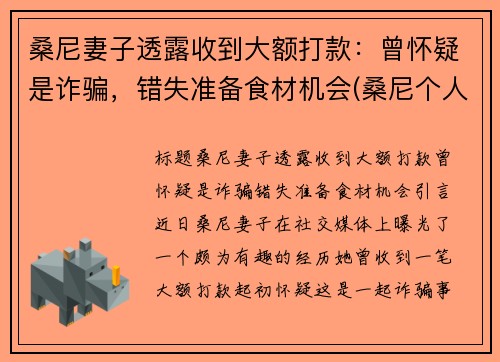 桑尼妻子透露收到大额打款：曾怀疑是诈骗，错失准备食材机会(桑尼个人资料)