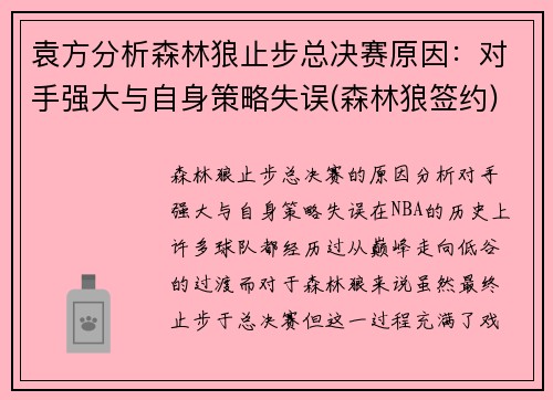 袁方分析森林狼止步总决赛原因：对手强大与自身策略失误(森林狼签约)