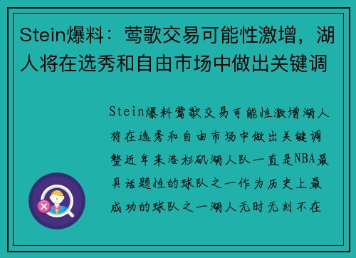 Stein爆料：莺歌交易可能性激增，湖人将在选秀和自由市场中做出关键调整