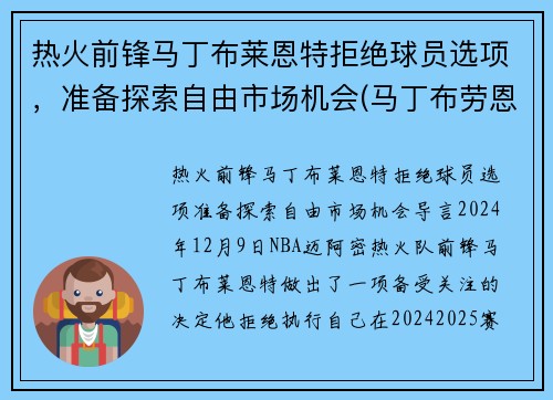 热火前锋马丁布莱恩特拒绝球员选项，准备探索自由市场机会(马丁布劳恩)