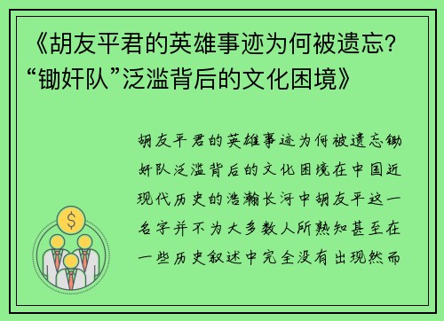 《胡友平君的英雄事迹为何被遗忘？“锄奸队”泛滥背后的文化困境》