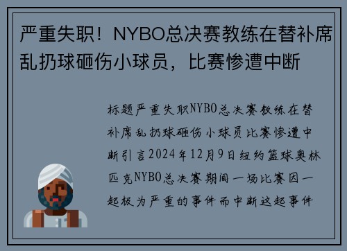 严重失职！NYBO总决赛教练在替补席乱扔球砸伤小球员，比赛惨遭中断