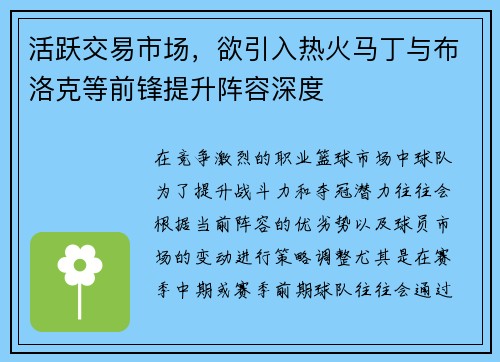 活跃交易市场，欲引入热火马丁与布洛克等前锋提升阵容深度