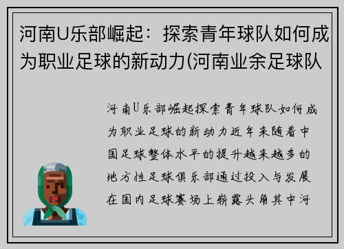 河南U乐部崛起：探索青年球队如何成为职业足球的新动力(河南业余足球队)