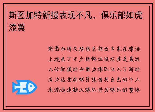 斯图加特新援表现不凡，俱乐部如虎添翼