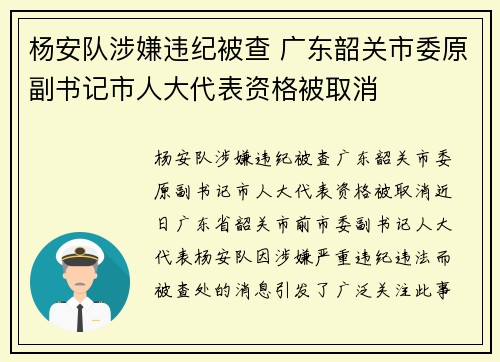 杨安队涉嫌违纪被查 广东韶关市委原副书记市人大代表资格被取消